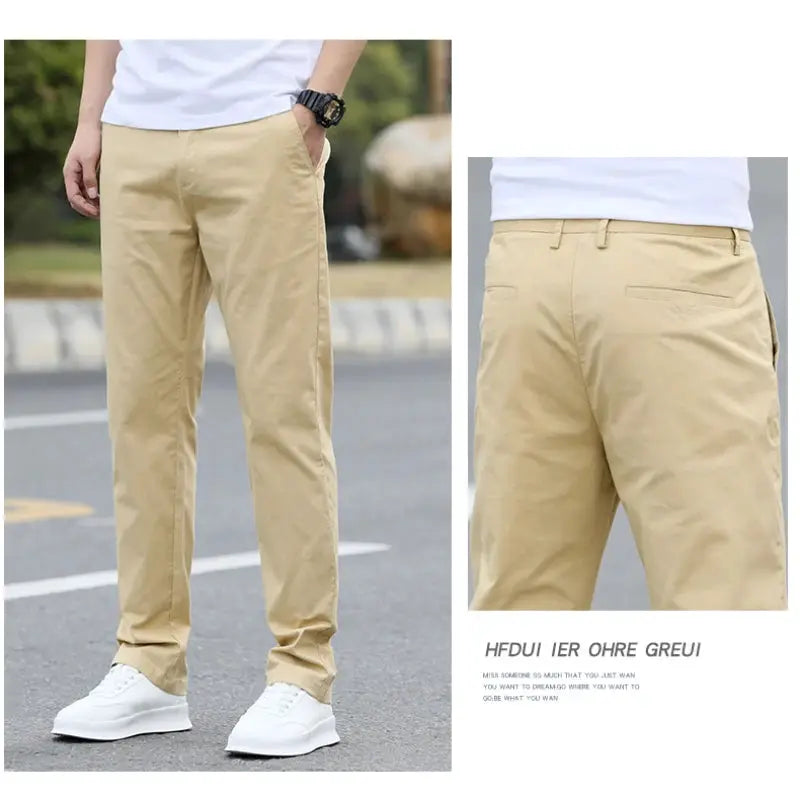 Men's khaki cotton chinos with a breathable straight cut, featuring front pockets and back welt pockets.