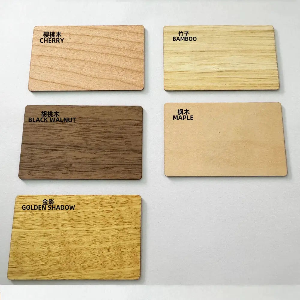 5pc RFID M1 S50 wooden smart cards set in cherry, bamboo, black walnut, maple, and golden shadow finishes