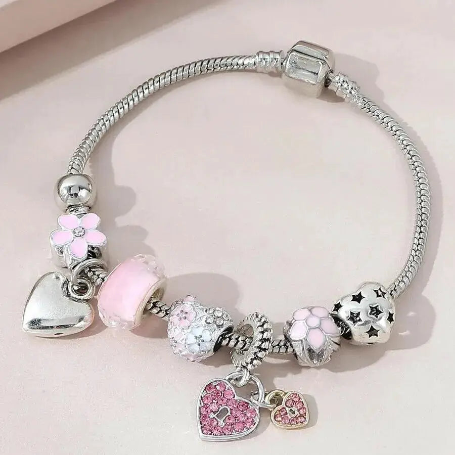 Obega Love Heart Flower Glass Pendant Charm Bracelet Pink White Crystal Stone Adjustable Bead Jewelry Silver Gold Color