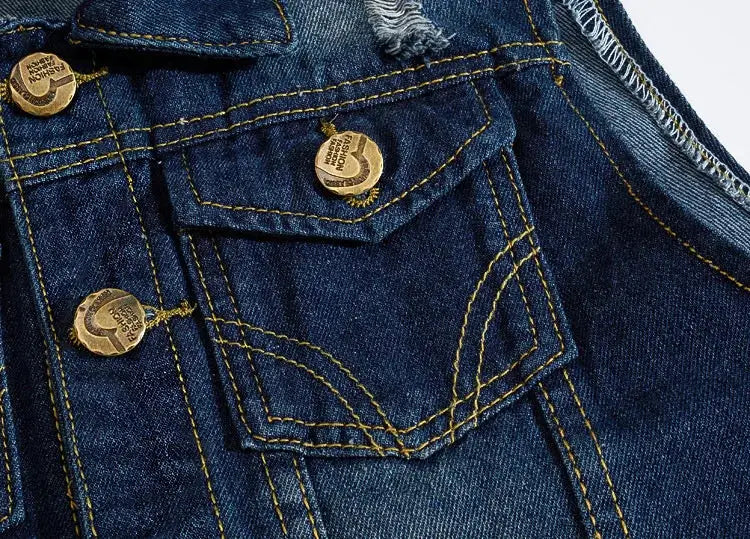 Men's denim sleeveless vest, blue with brass buttons and front pocket detailing