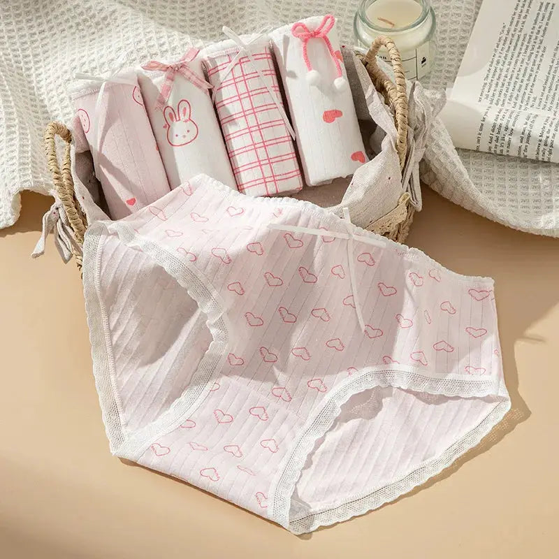 5-piece women's cotton panties set in pink and white with tiny heart prints; breathable soft underwear