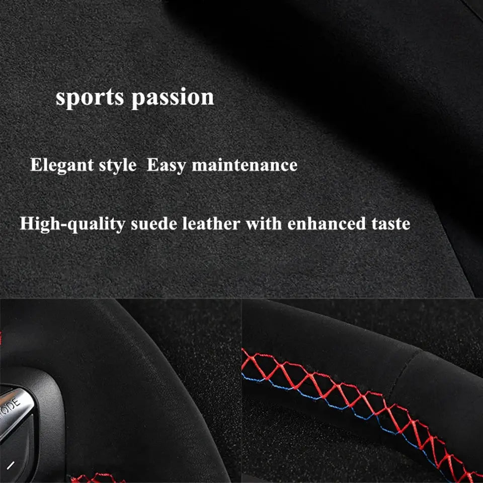 Car steering wheel braid cover in black suede leather with red and blue cross-stitch