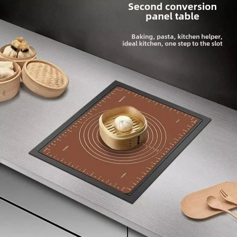 Bamboo steamer set on a brown silicone mat with concentric rings atop a stainless steel kitchen counter.