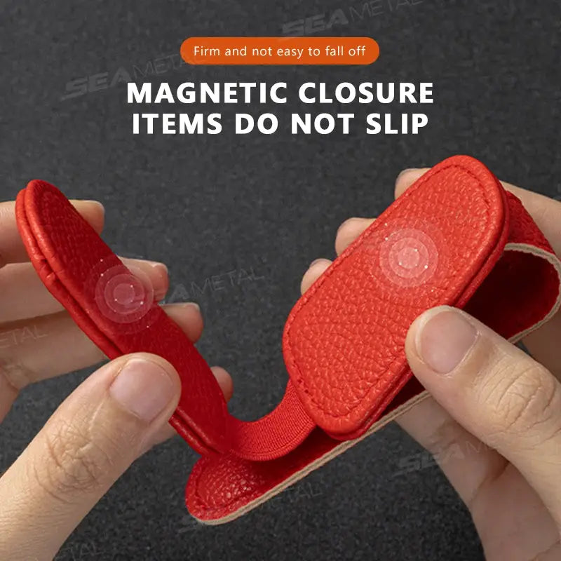 Car sun visor clip glasses holder in red PU leather with magnetic closure