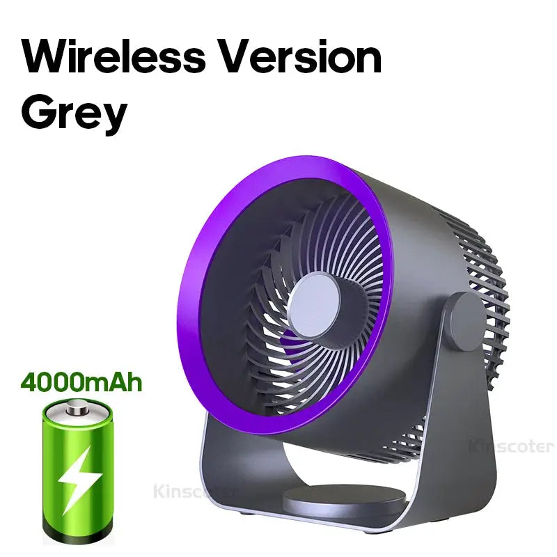 Kinscoter wireless portable desktop fan in grey with purple LED ring