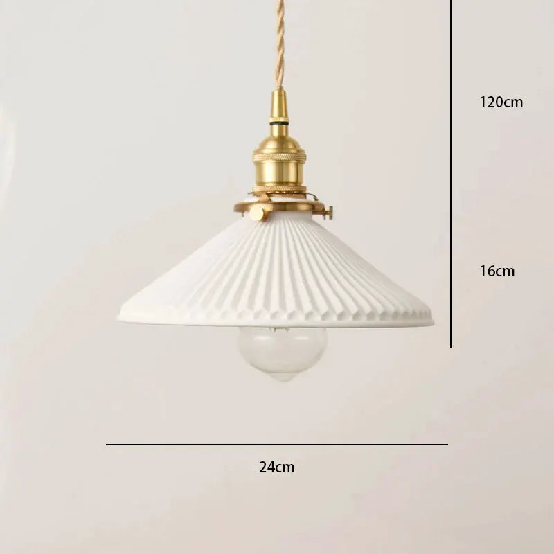 Pendant lamp 24cm wide white ribbed ceramic shade with brass hardware and twisted cord, Simples Market chandelier