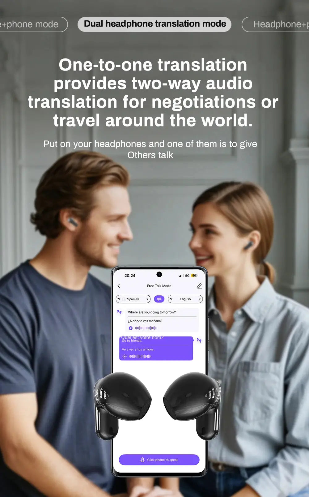Simples Market HTC NE20 black wireless translation earbuds shown with translator app on smartphone