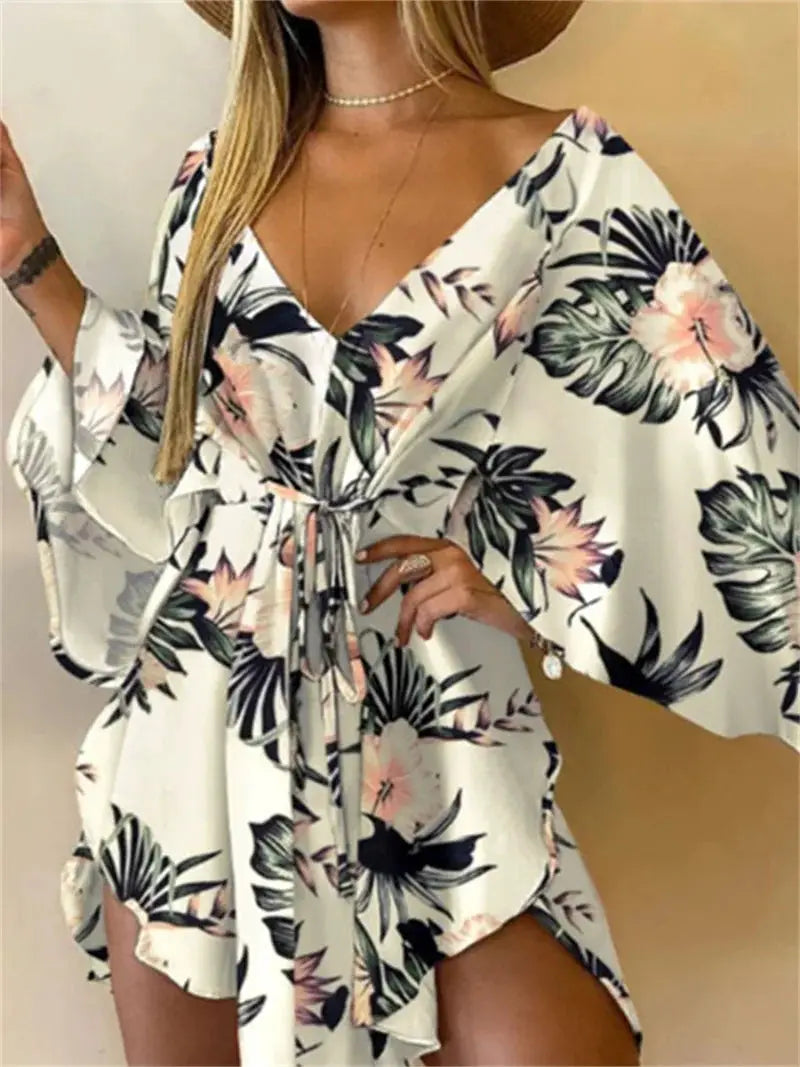 Women Boho Floral Print V Neck Bat Sleeve Ruffle Sundress Beach