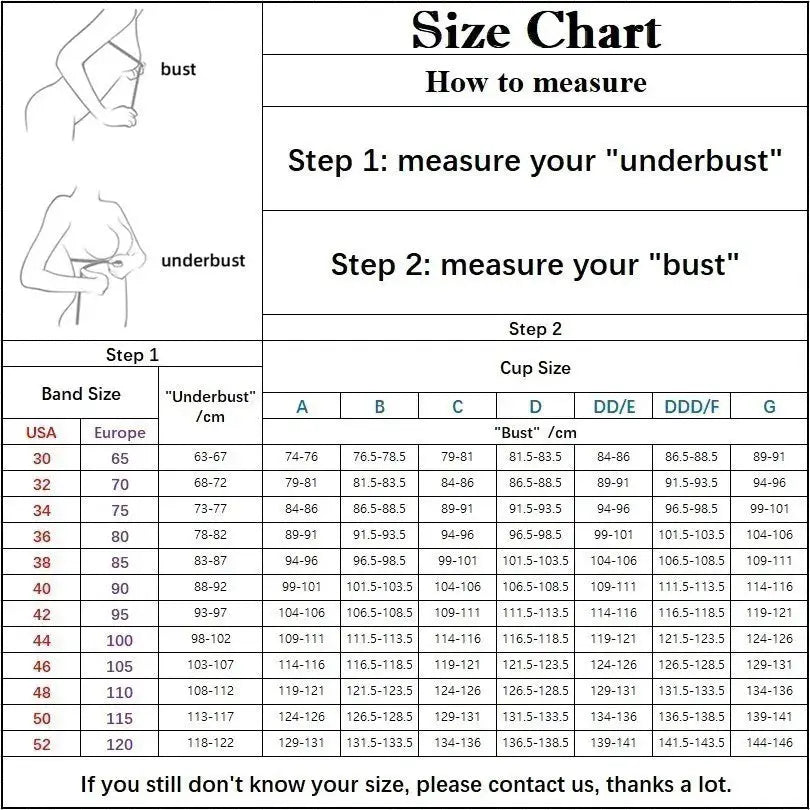 Bra size chart showing how to measure underbust and bust, with step-by-step instructions and a cup-size table.