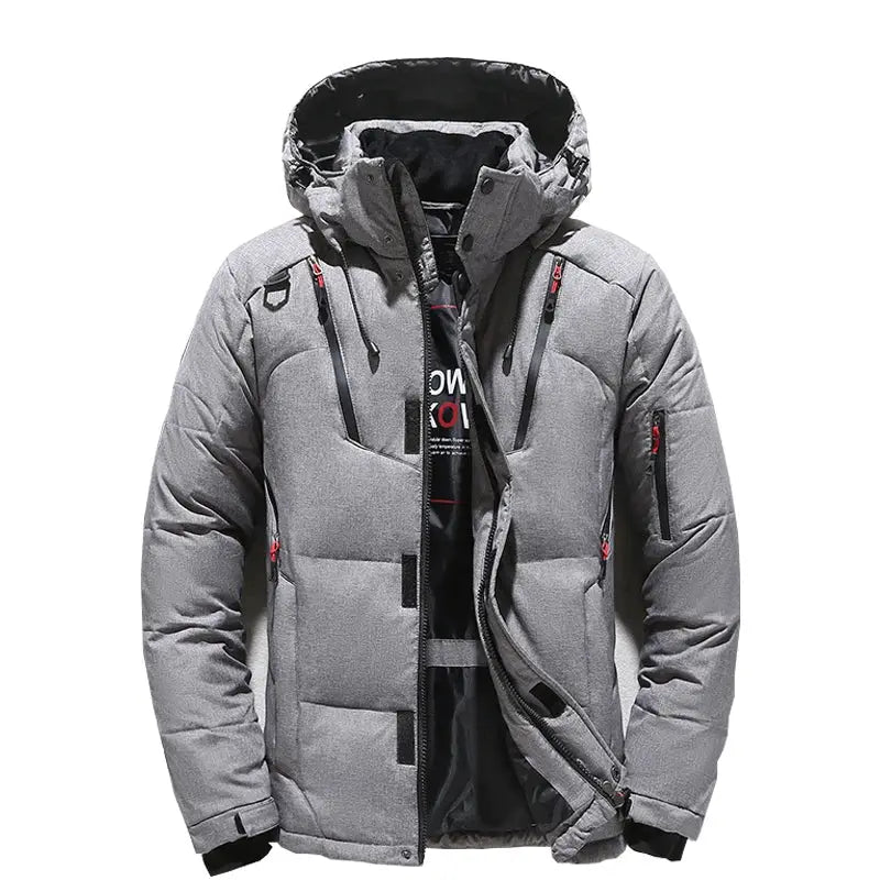 Men's gray hooded down jacket by Simples Market, oversized puffer winter coat with red zipper accents