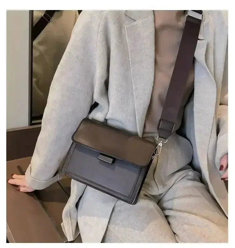Crossbody bag with brown flap and gray body, PU leather, adjustable shoulder strap.