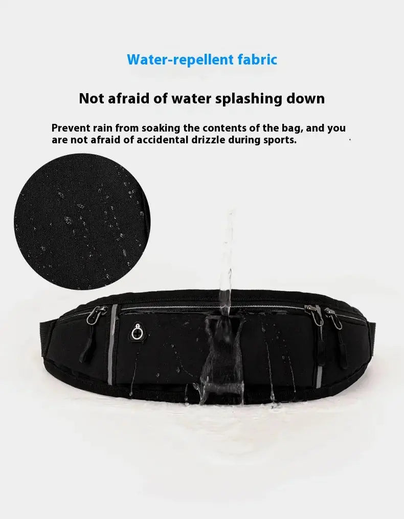Casual waist pack waterproof sport bag in black fabric with multiple zip pockets and adjustable strap for running.