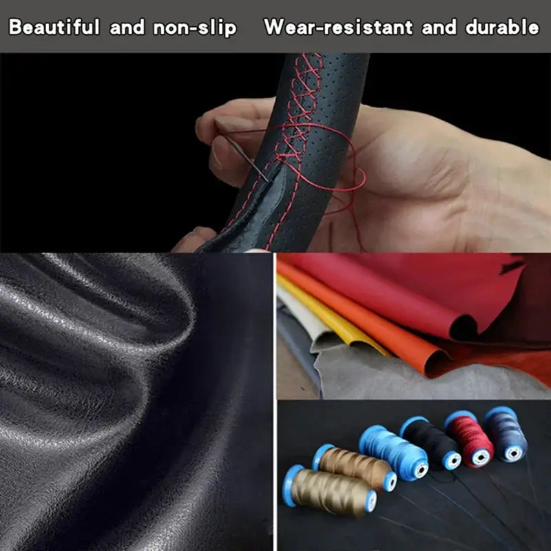 Steering wheel braid leather cover by Simples Market; black leather with red stitch, color leathers and thread spools