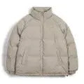 Men's beige down jacket with stand-up collar, quilted panels and front zipper.