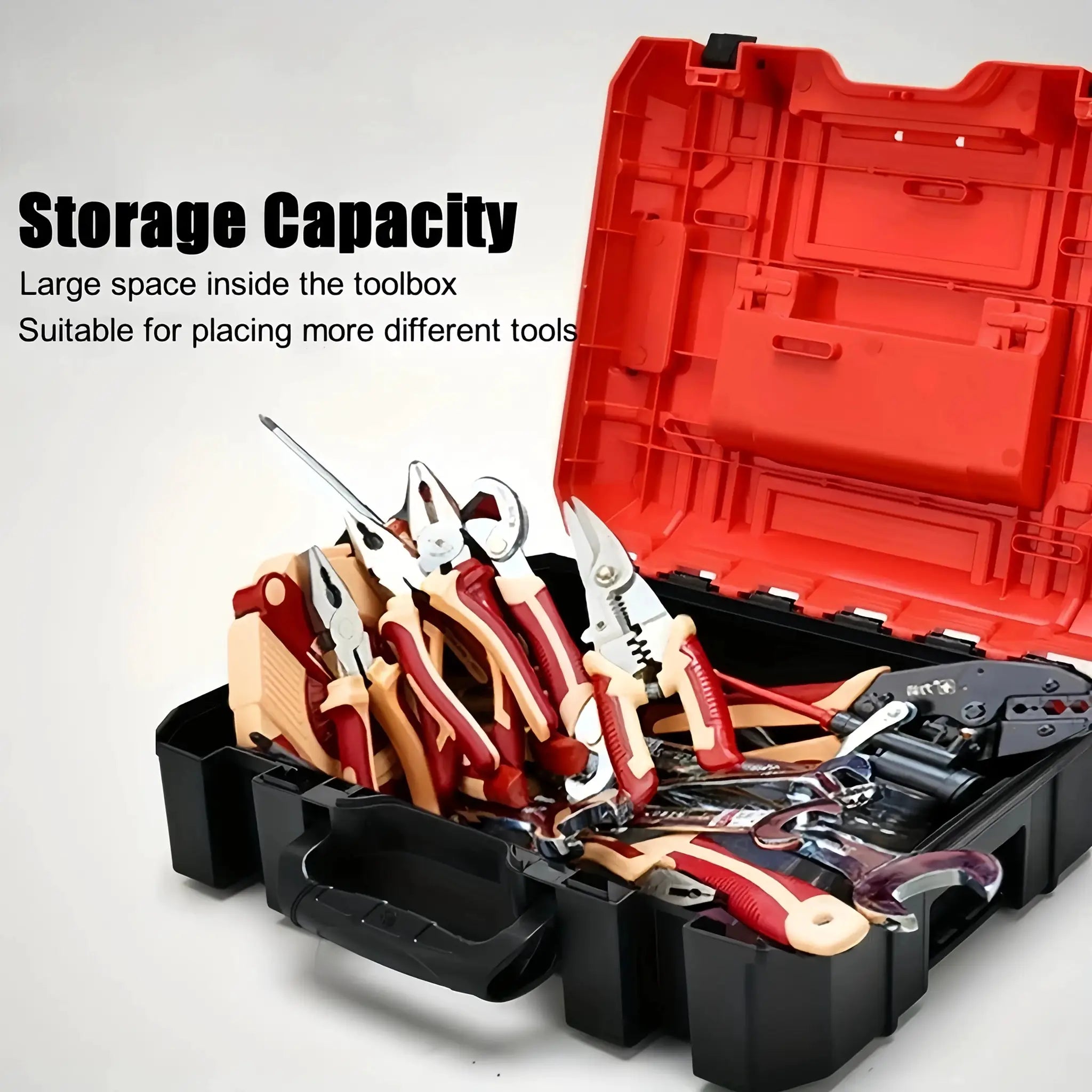 Three black stacking tool boxes with red interiors and organized compartments for electricians and carpenters