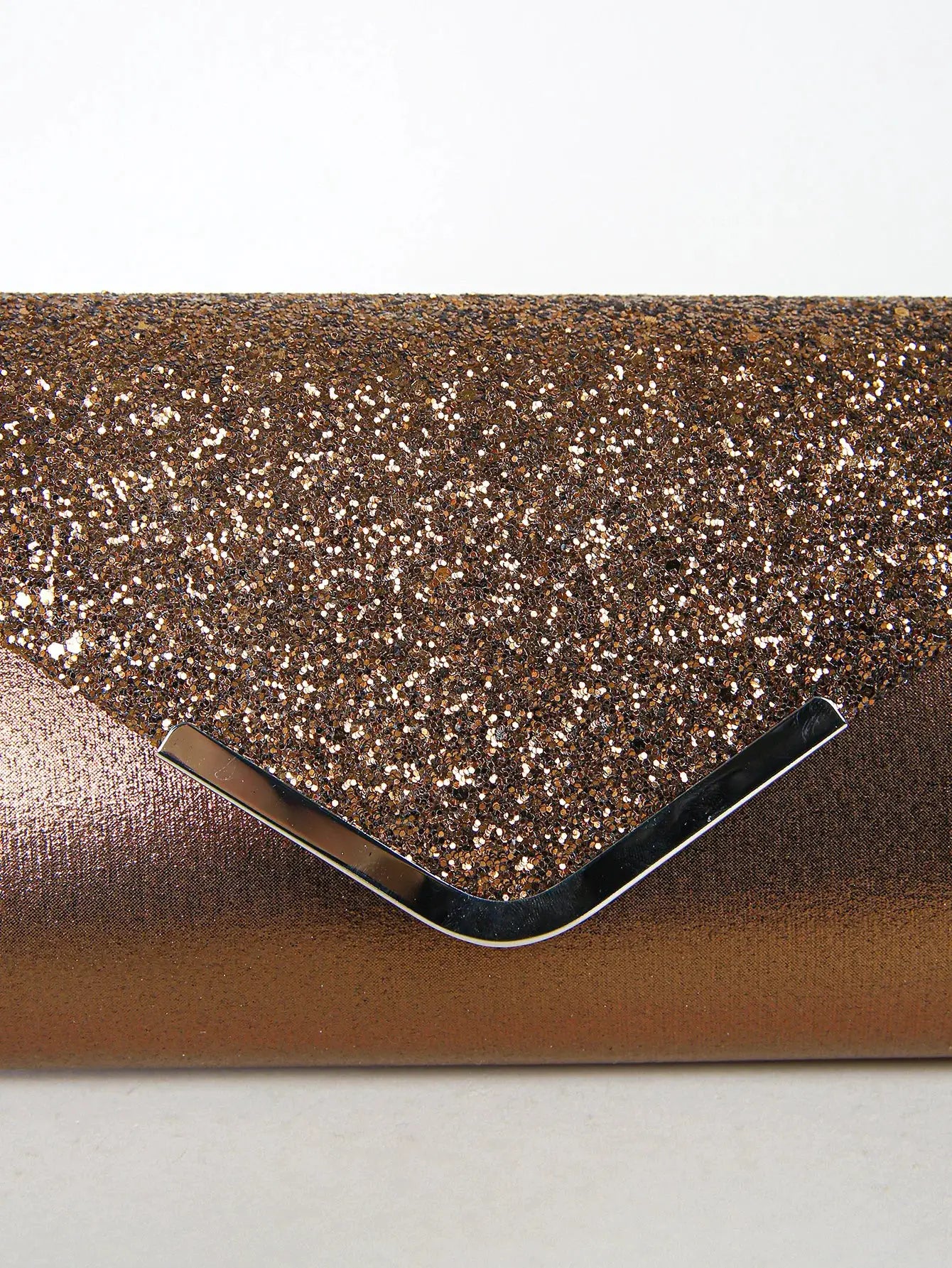 Women evening envelope sequin clutch in bronze with curved silver frame clasp