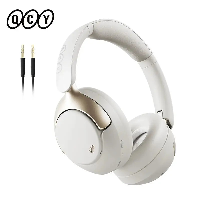 QCY H3 Pro ANC wireless over-ear headphones in white with gold accents; QCY logo visible.