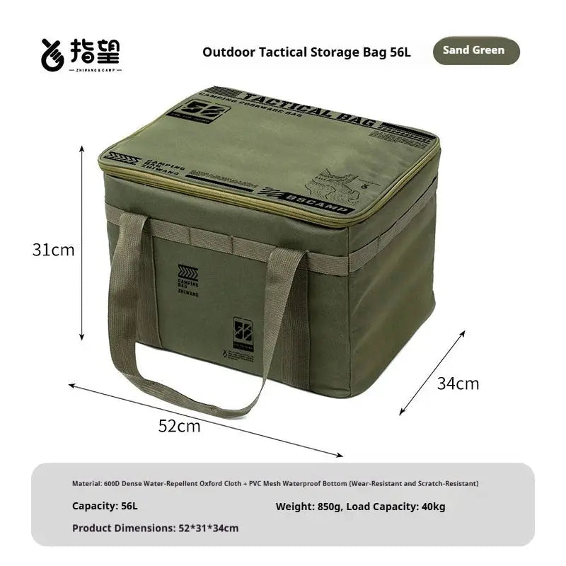 Simples Market 56L insulated waterproof tactical camping bag in sand green with carrying handles; dimensions 52×31×34 cm