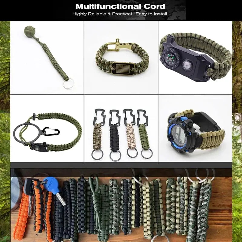 Military 550 Paracord rope set by Simples Market in green tones with assorted survival bracelets, keychains and gear.