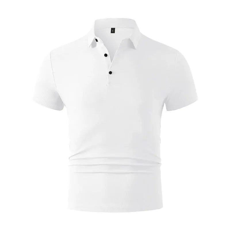 Men's white polo shirt with short sleeves, collar, and three-button placket.