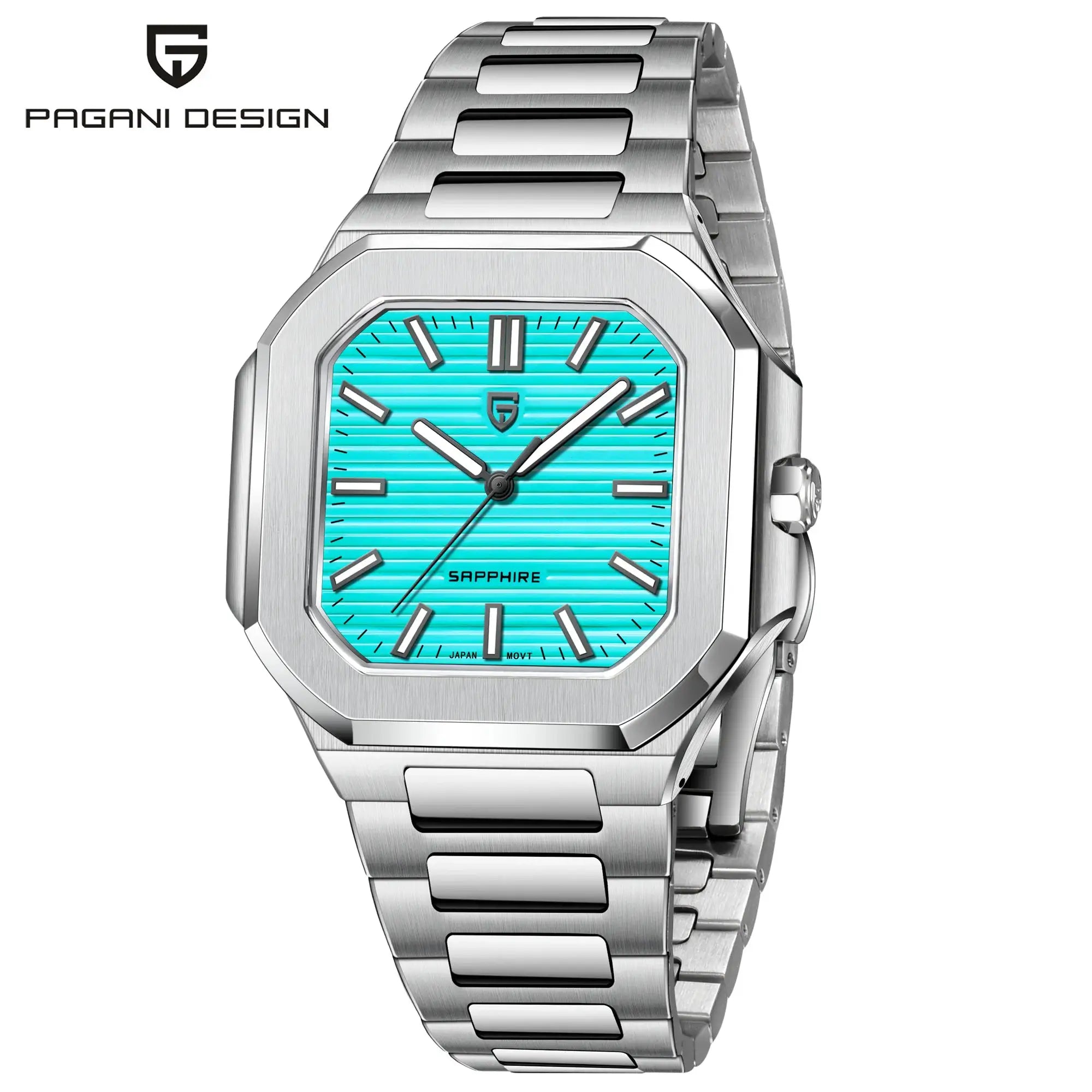 PAGANI DESIGN men's quartz wristwatch with stainless steel bracelet and turquoise dial, sapphire crystal
