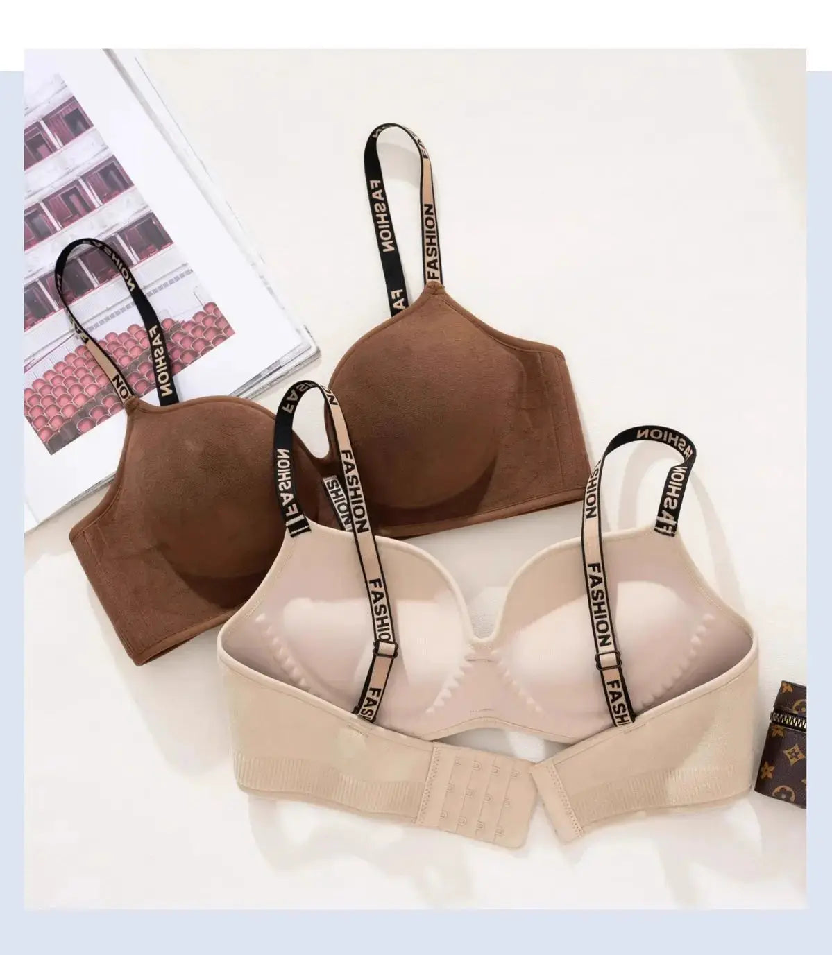 Pair of push-up wireless bras in brown and nude with smooth seamless cups and black straps reading FASHION.