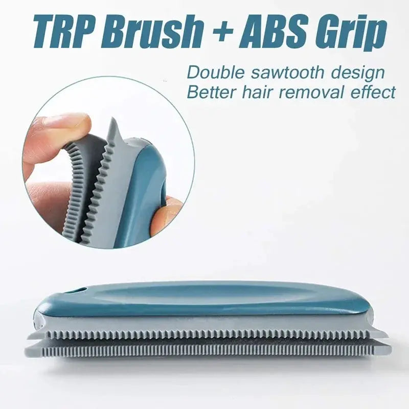Lint remover brush, blue handheld with double-sided sawtooth bristles for fabric and furniture.