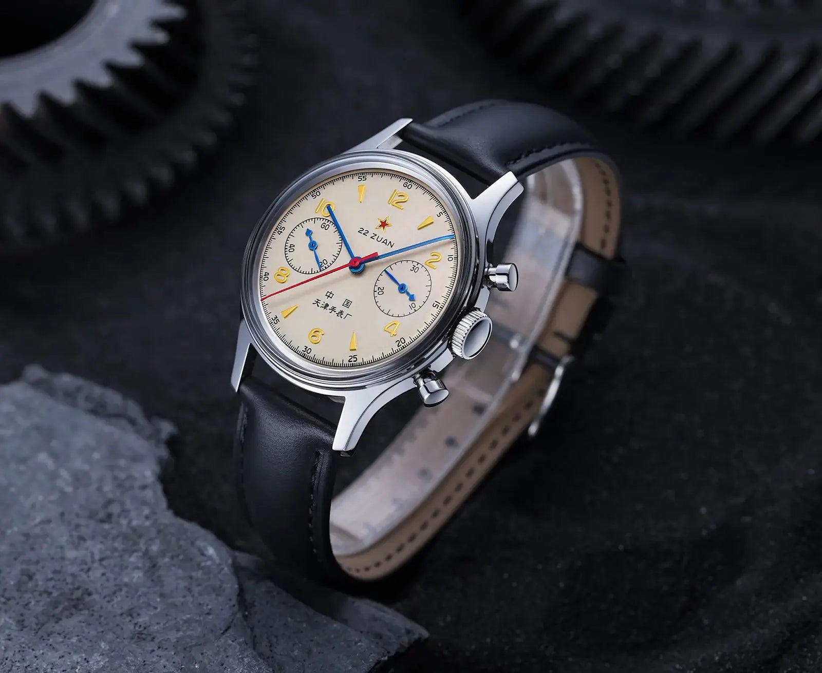 Seagull 1963 pilot chronograph watch with beige dial, blue subdial hands, black leather strap