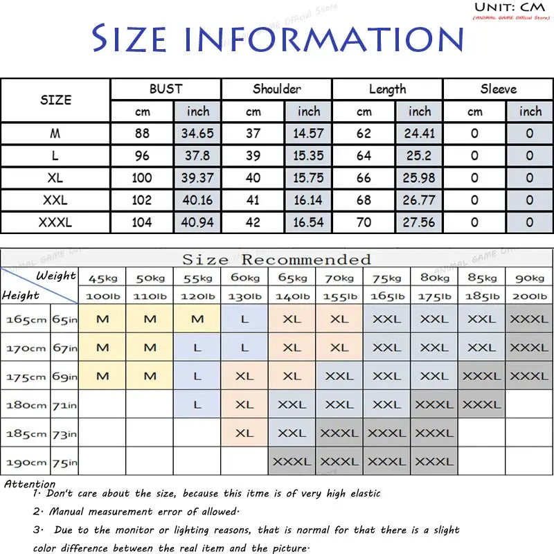Men's knit V-neck sleeveless vest size chart with bust, shoulder, length measurements (M–XXXL)