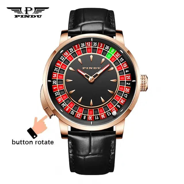 PINDU mechanical wristwatch with rose-gold case, sapphire glass, roulette bezel, black dial, black leather strap