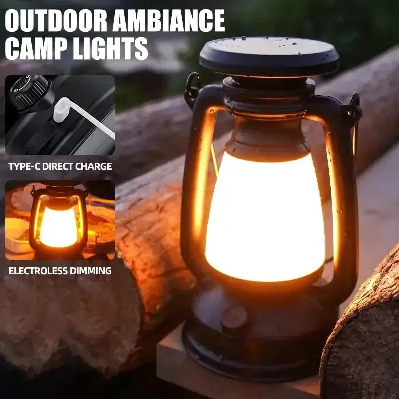 Lantern-style outdoor LED lamp with black metal frame and warm glow, Type-C rechargeable for camping and home decor