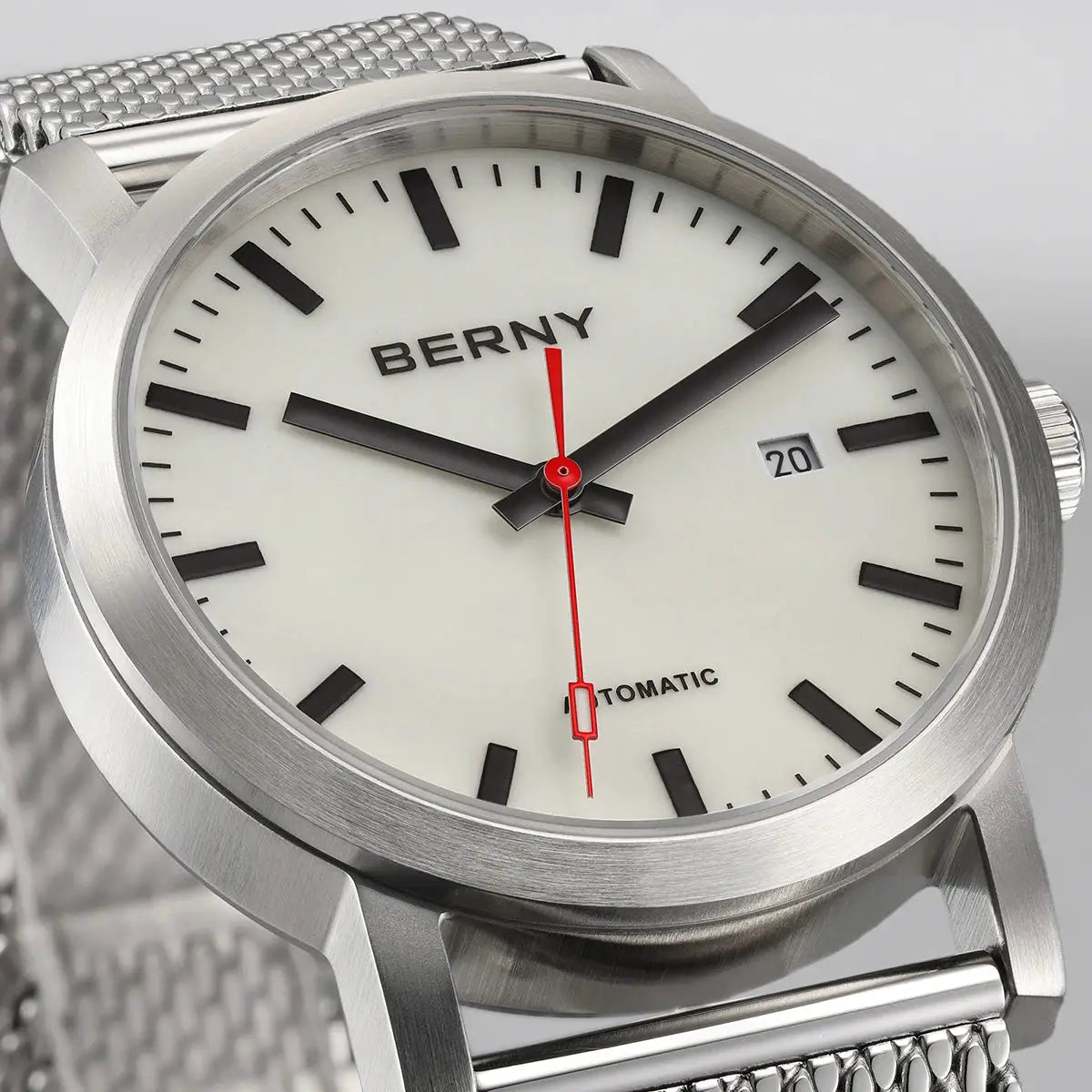 BERNY automatic men's watch with stainless steel mesh band, white dial, black hour markers, red second hand, date window