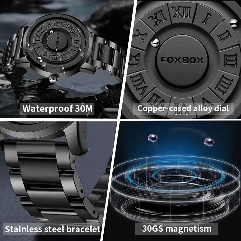 FOXBOX Watch by Simples Market; black stainless steel bracelet, copper-cased alloy dial, waterproof 30M, magnetic design