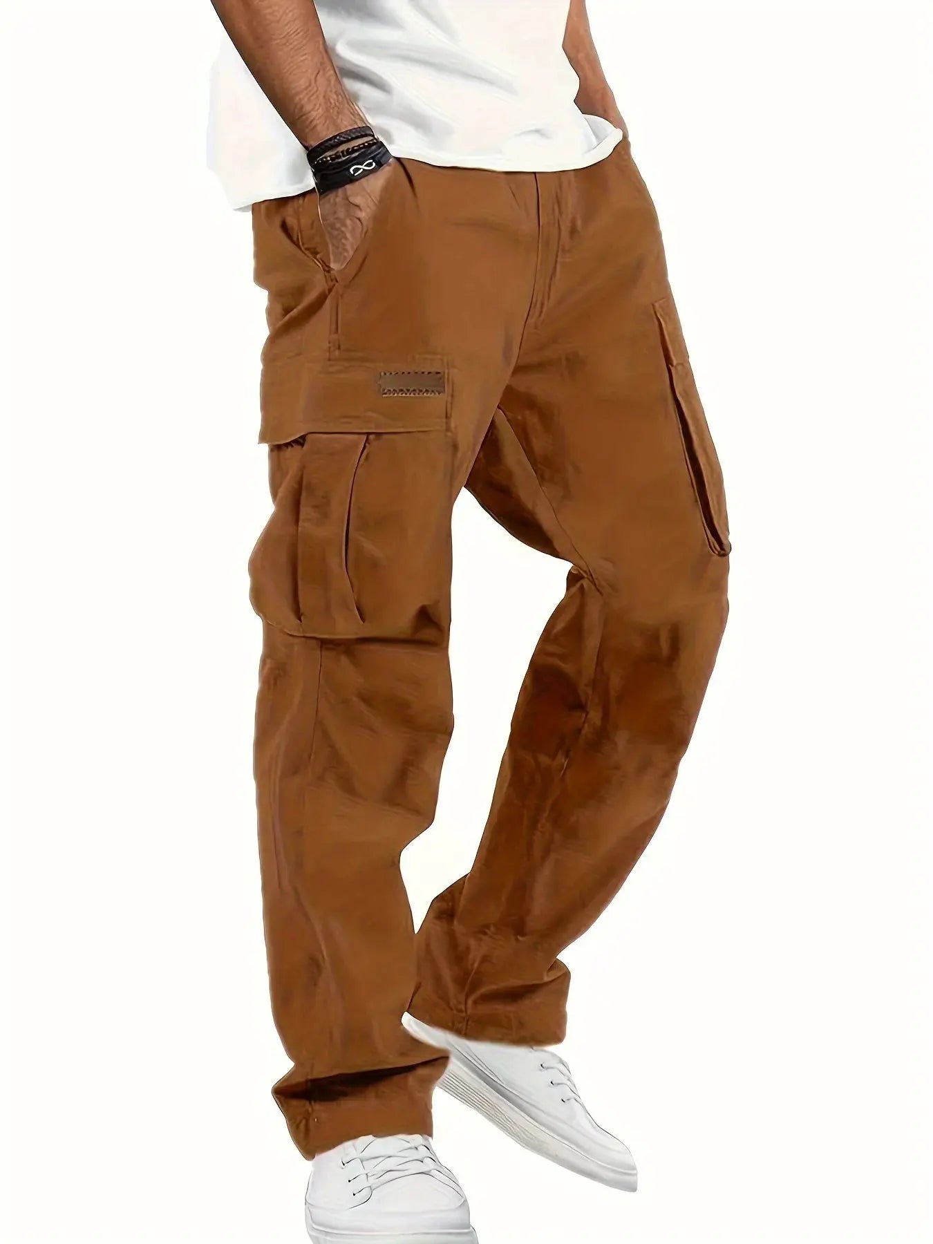 Simples Market men's brown multi-pocket cargo workwear pants, loose straight-leg fit.