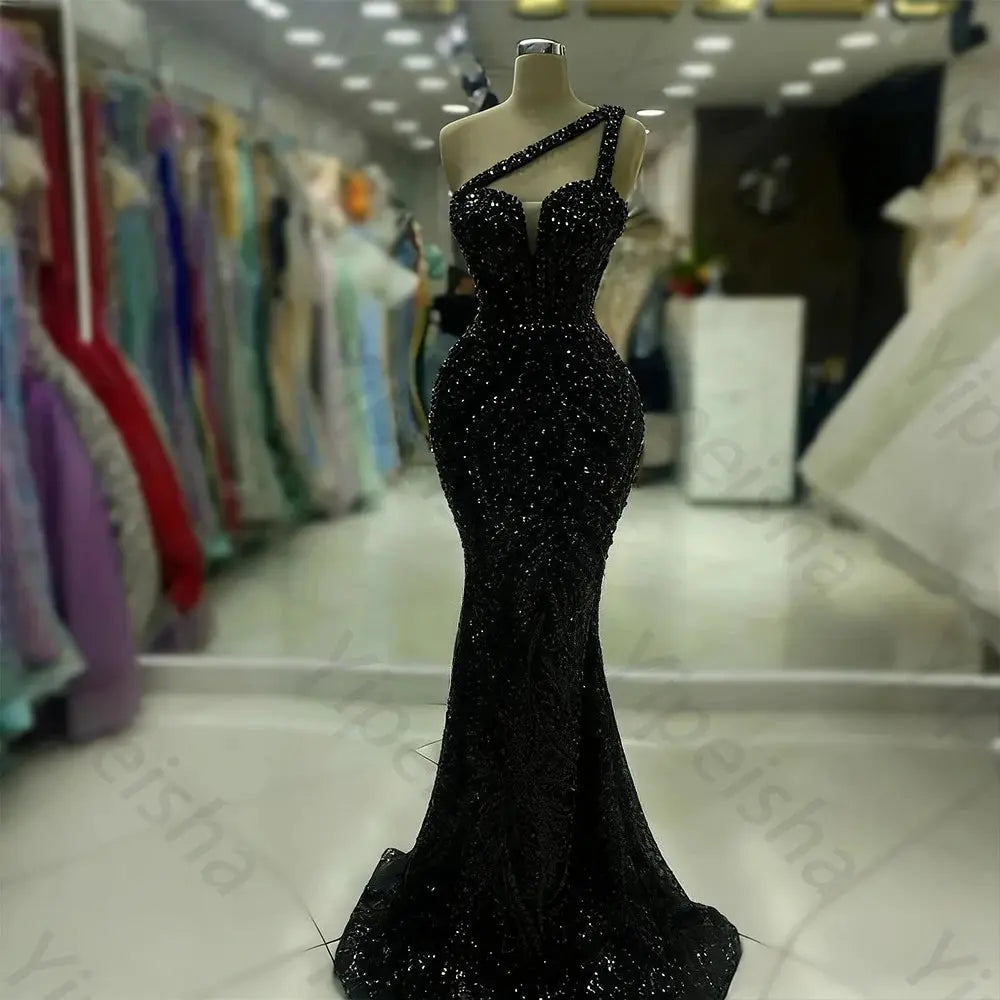 One Shoulder Backless Sequin Mermaid Evening Gown With Beading