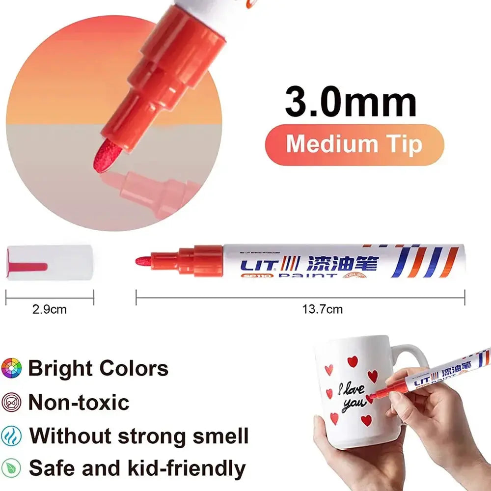 LIT 3.0mm paint marker set, 8 bright colors, waterproof permanent markers for rubber, fabric, metal
