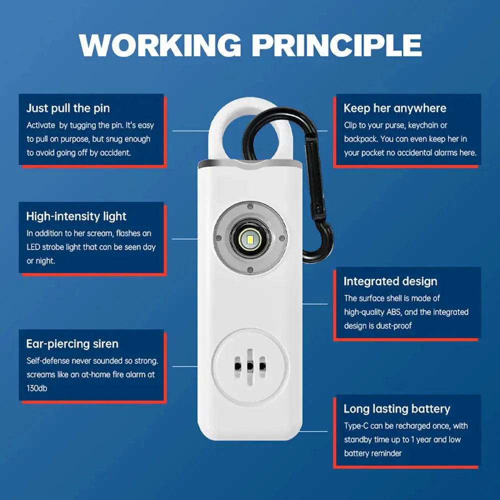 130dB rechargeable personal alarm keychain by Simples Market, white plastic body with LED flashlight and carabiner