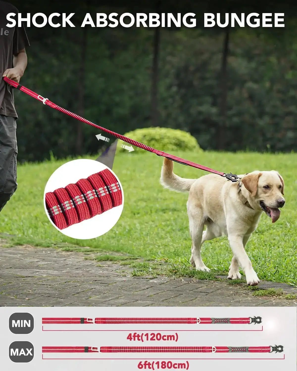 Simples Market red reflective car-seatbelt style shock-absorbing bungee dog leash for large dogs, 4–6 ft