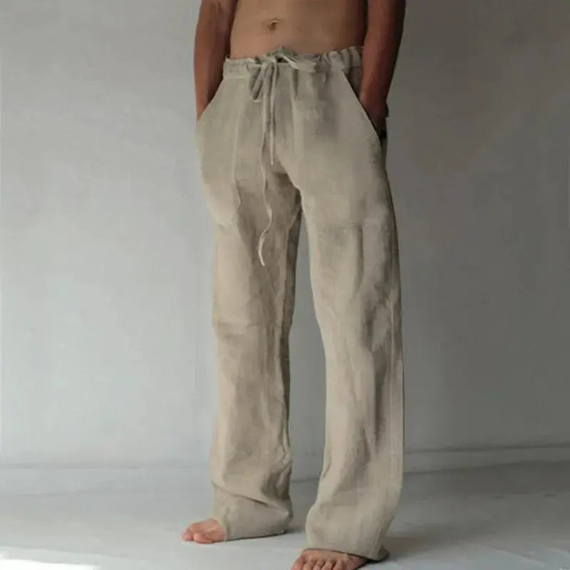 Men's beige linen wide-leg pants with drawstring, casual streetwear by Simples Market