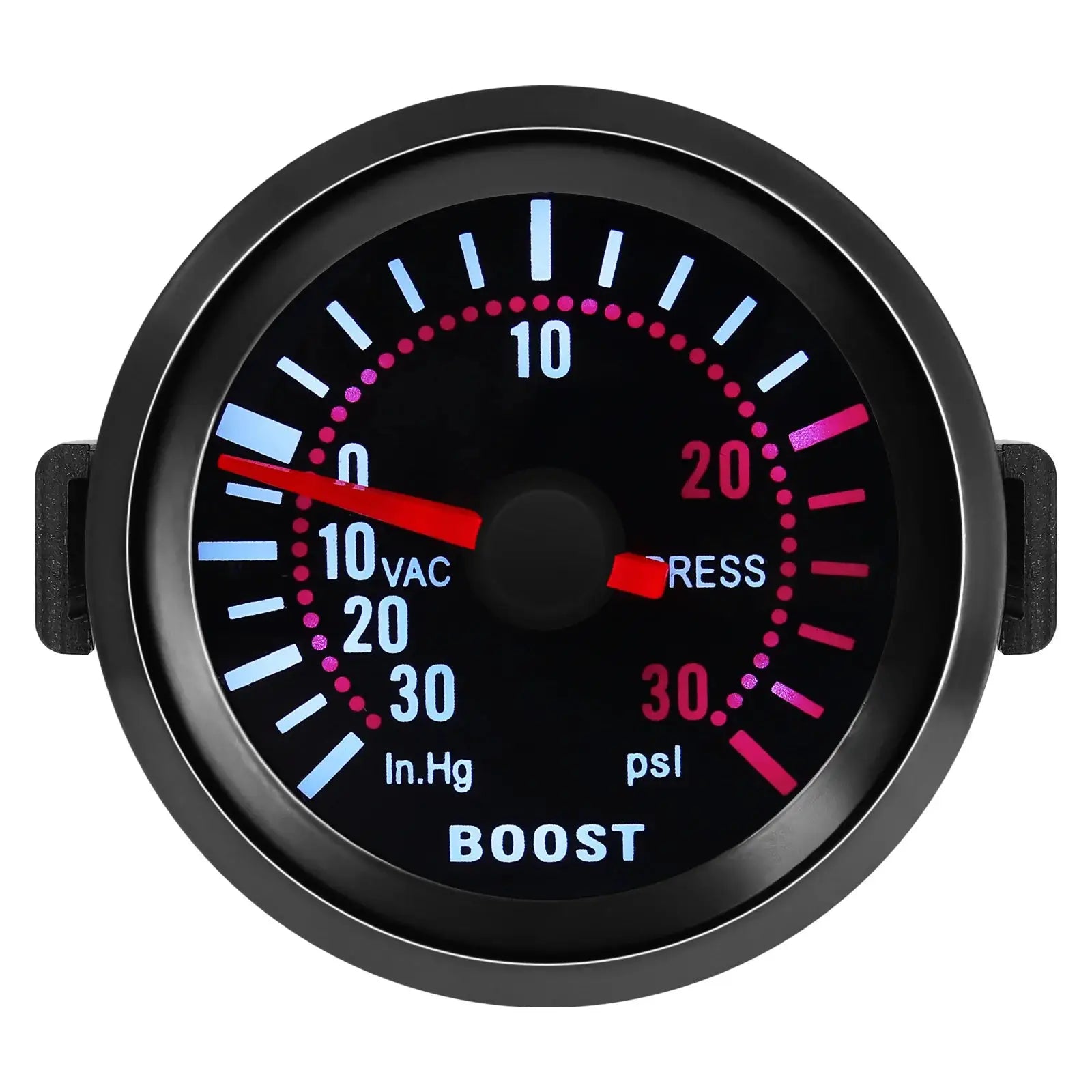 52mm black boost gauge with blue and white markings and red needles