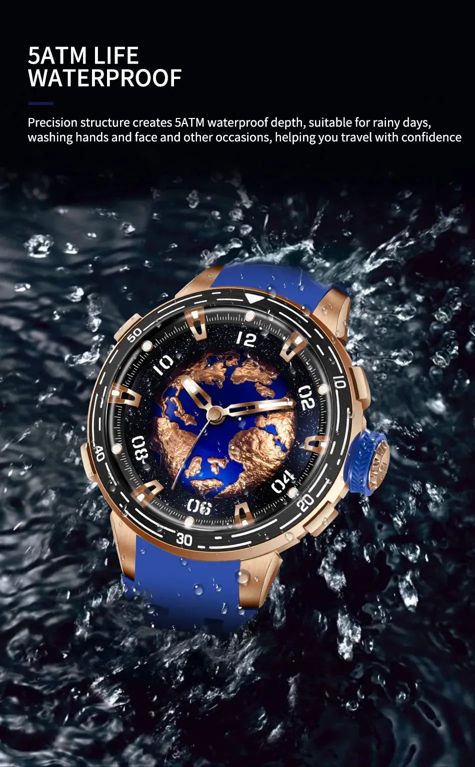 PINDU Planet Series watch by Simples Market; rose-gold case, blue silicone strap, globe dial