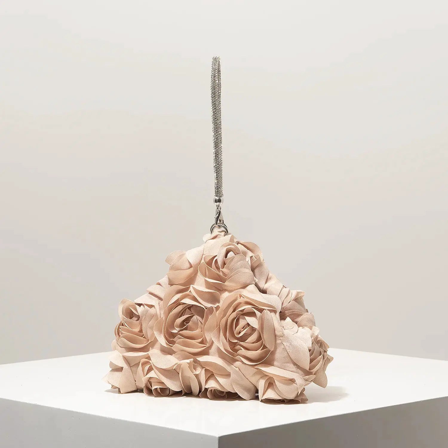 Mini purse clutch with beige fabric rose bouquet and silver rhinestone strap