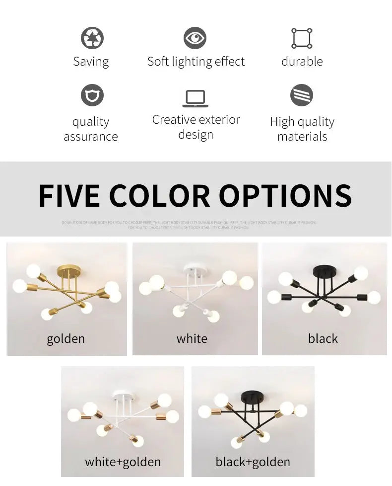 Simples Market 6-head LED ceiling lamp in wrought iron with E27 base; five color options shown