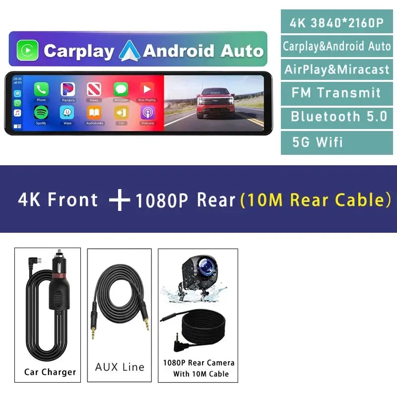 11.26 Inch 4K Car DVR With CarPlay Android Auto Dash Cam GPS WiFi