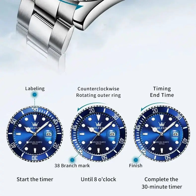 OLEVS blue-dial diving quartz watch with stainless steel bracelet; luminous hands, date window; three watches shown.