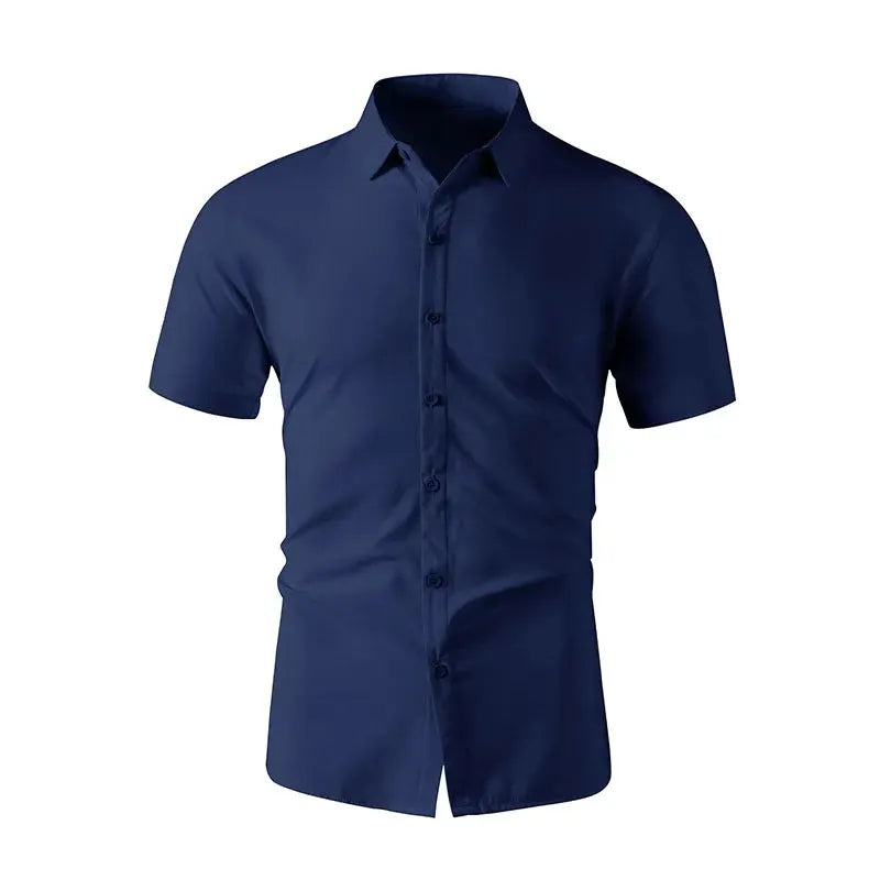 Simples Market men's navy blue short-sleeve business casual shirt, solid color, no iron