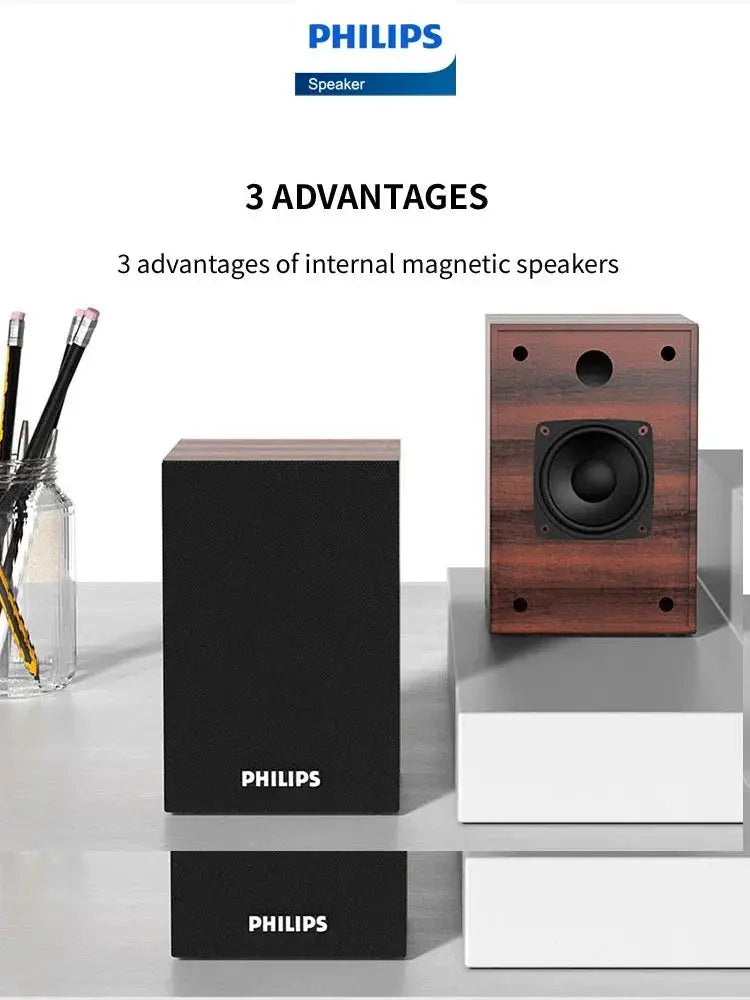 Philips SPA20 Bluetooth speaker pair; black front unit and wood-finish speaker on shelf