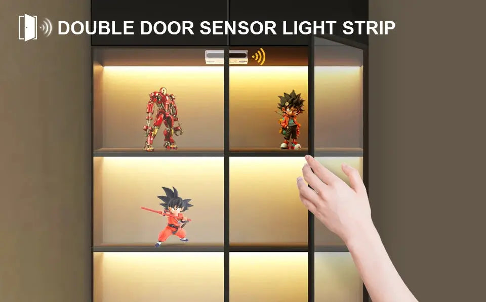 Smart door proximity sensor light strip for a double-door cabinet with COB LED under-cabinet lighting