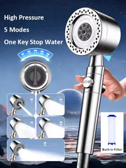Shower head by Simples Market chrome, 5-mode pressurized with built-in filter and stop button