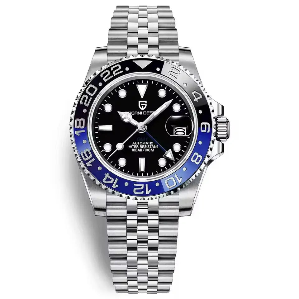Pagani Design 40mm automatic GMT men's watch with steel bracelet, black dial, blue bezel, date window waterproof.